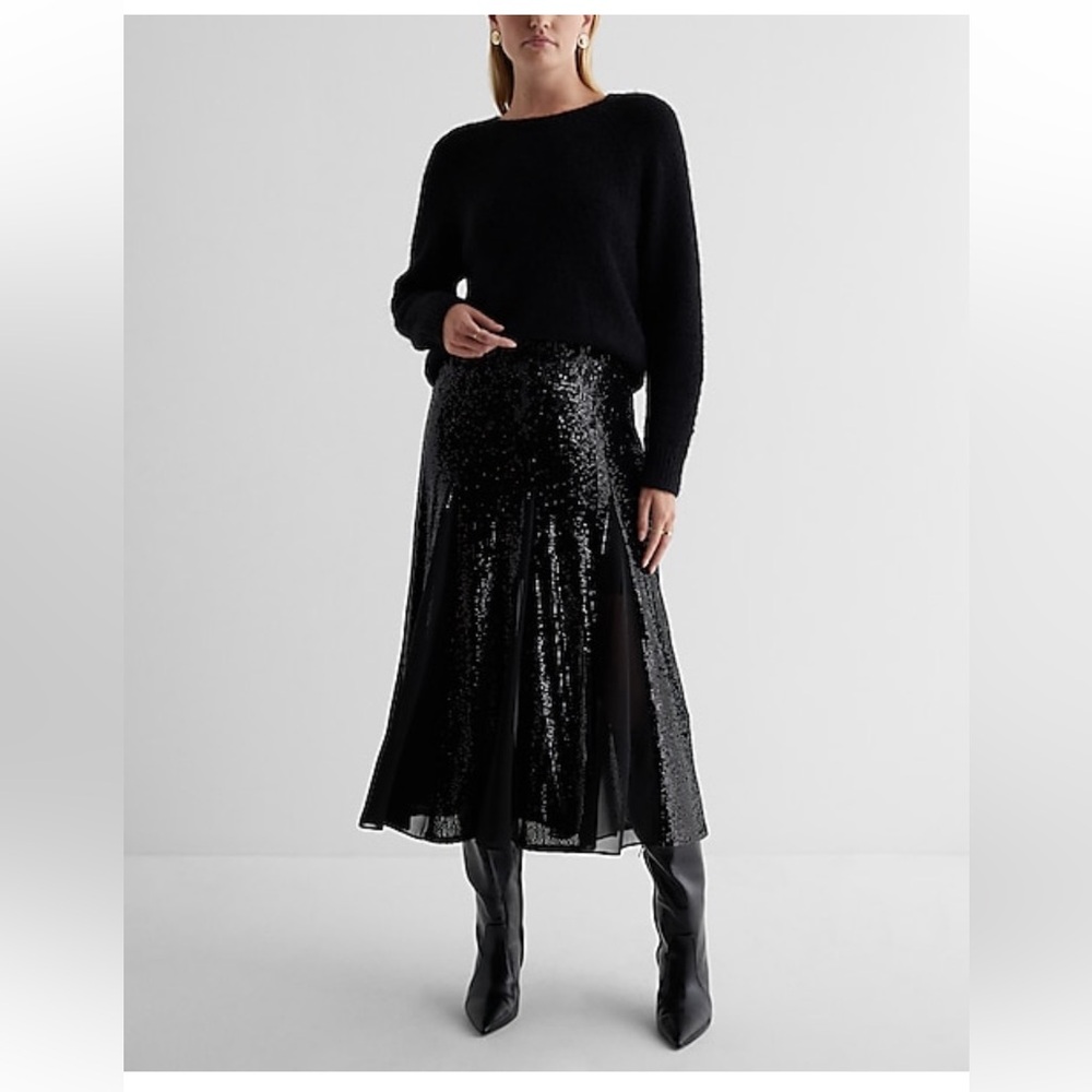 High Waisted Sequin Pleated Midi Skirt
